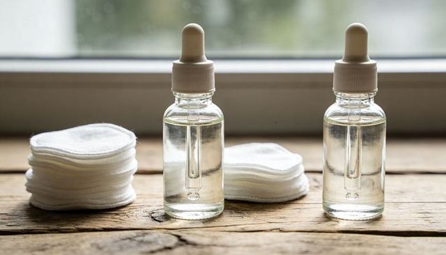 Clear skincare serum dropper bottles with cotton pads on rustic windowsill