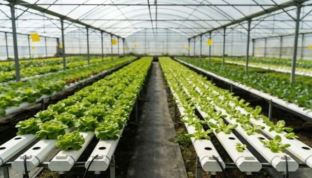 Growing hydroponic lettuce in commercial greenhouse with symmetrical nft channels