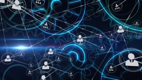 Digital Connections Overlaid on Mechanical Cogs Illustration