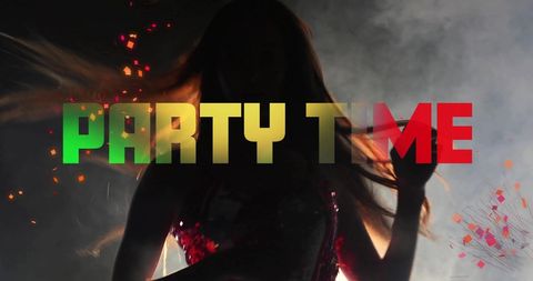 Vibrant party time celebration graphic with dancing woman