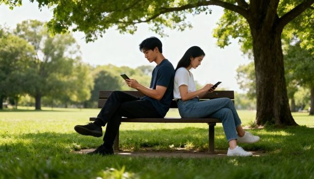 Back-to-back couple on park bench using smartphones under tree shade in summer