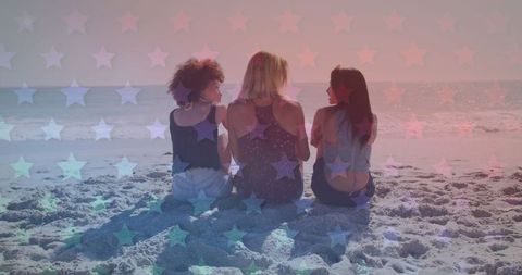 Diverse Friends Enjoying Beach With Patriotic Stars Overlay