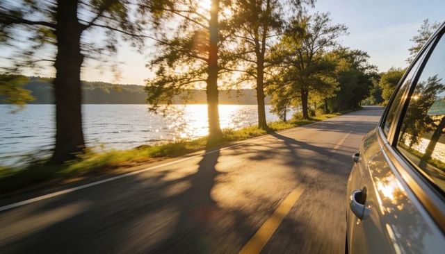 Sunset drive along lakeside road with motion blur, car reflection and tree shadows at golden hour
