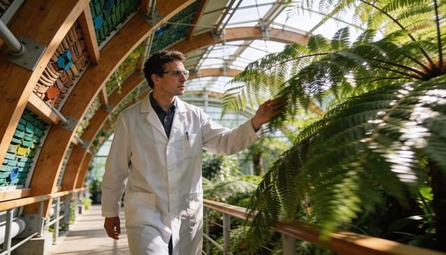 Botanist examining ferns on sunlit greenhouse walkway in conservatory lab