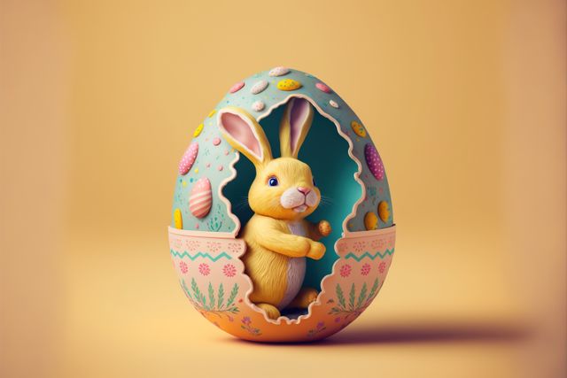 Easter rabbit in patterned easter egg on yellow background, created using generative ai technology. Easter and celebration concept digitally generated image.