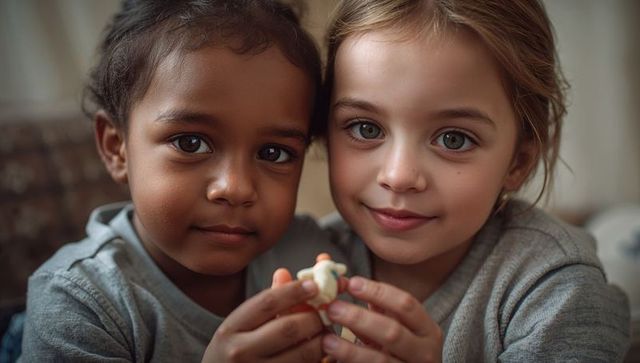 Closeup Two Children Sharing Toy on Sofa Showing Friendship, Trust and Cozy Moment