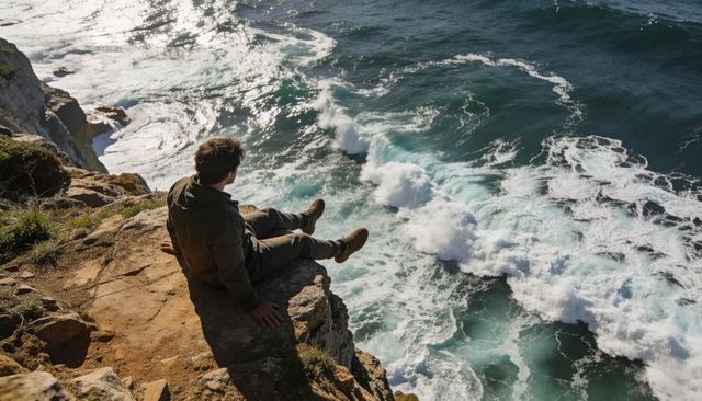 Sitting hiker watching turbulent ocean from rocky cliff edge, dramatic coastal solitude