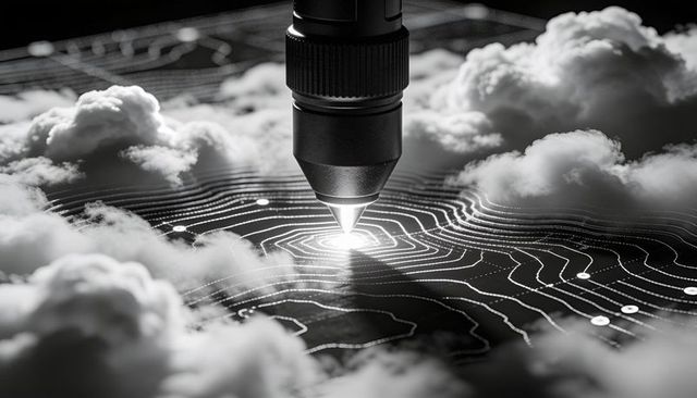 Precision laser engraving topographic contours with glowing markers and cloud elements