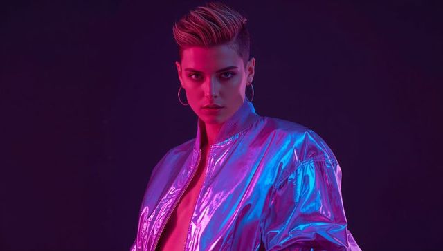 Edgy and futuristic fashion portrait in neon lights