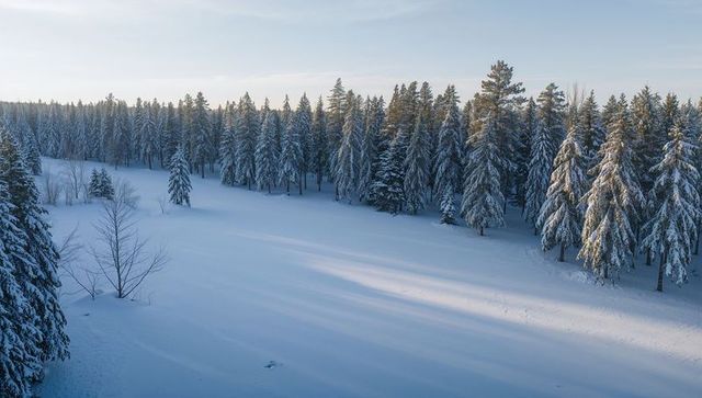 Winter Pines Casting Long Blue Shadows Across Snow-Covered Clearing at Golden Hour