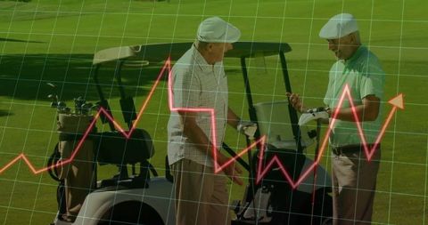 Golf partners analyzing data with smartphone on fairway