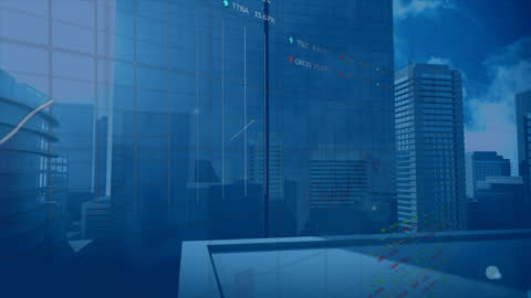 Digital Financial Data Display Over Futuristic City Skyline