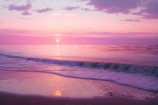 Captures a beautiful, tranquil pink sunset over calm ocean waves gently washing onto the shoreline. The serene atmosphere with pinkish and purple hues creates a peaceful and romantic setting. Ideal for use in travel promotions, relaxation content, or decor in settings such as spas, beach resorts, or wellness spaces.