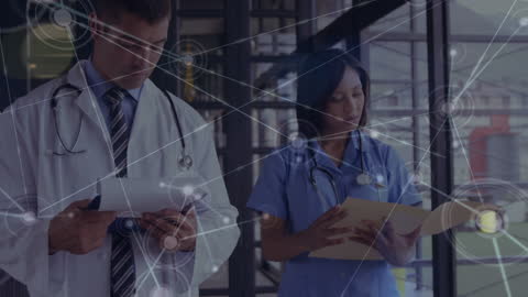 Doctors Analyzing Data with Network Connections Overlay