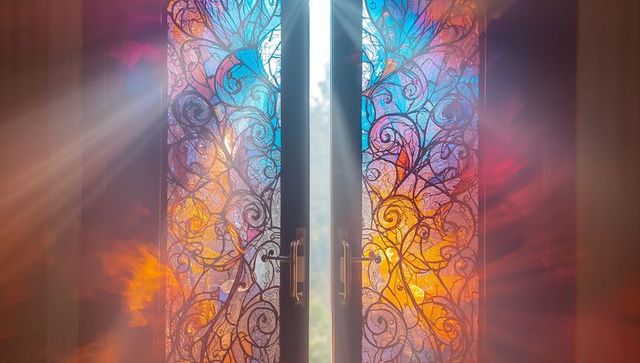 Sunlit floral stained glass double doors with vines and shadows
