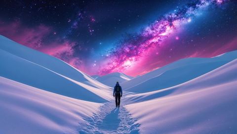 Solitary trek under vibrant milky way in serene snowy wilderness