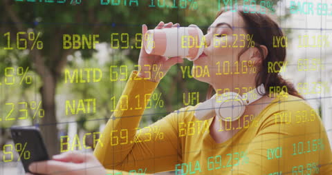 Caucasian Woman Checks Stock Markets in Cafe with Overlay Animation