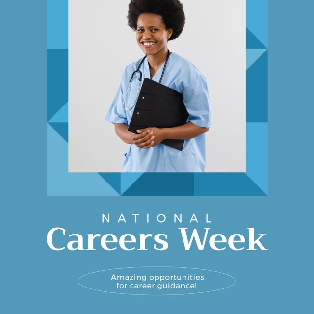 Composition of national careers week text over happy african american female doctor. National careers week, career and employment concept digitally generated image.