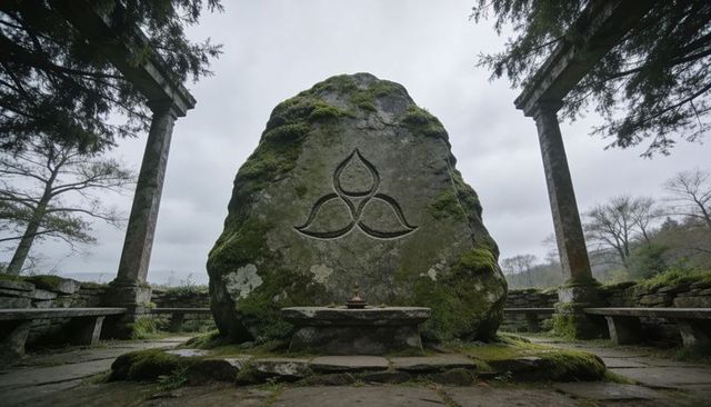 Moss-covered monolith standing in stone shrine displaying carved tri-lobed glyph