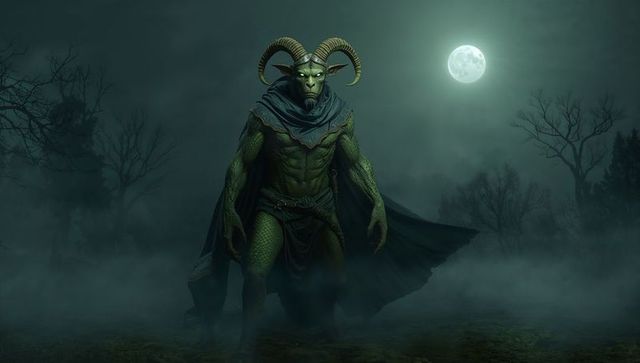 Mystical Humanoid Creature in Foggy Moonlit Forest