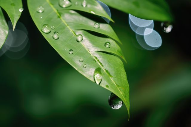 Close-up view of a fresh green leaf adorned with water droplets, conveying themes of freshness and nature. Useful for projects related to botany, gardening, eco-friendly concepts, environmental campaigns, or advertisements promoting natural products.