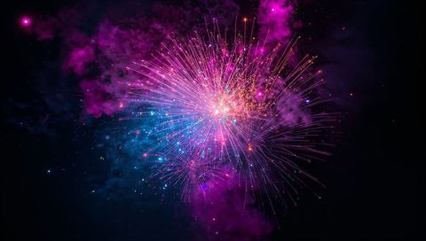 Vibrant magenta and cyan firework bursting, radiating streaks across dark night sky