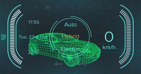 Futuristic digital automotive dashboard interface with sedan wireframe