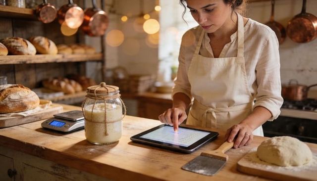 Baker using tablet while preparing artisan sourdough on wooden counter in rustic bakery