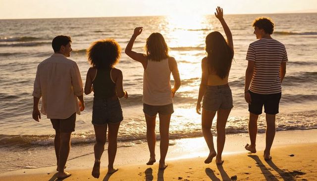 Sunset beach friends walking together backlit silhouettes golden hour coastal fun