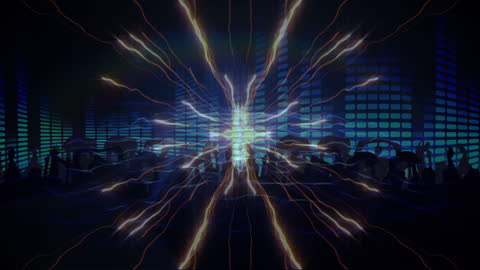 Colorful Fireworks Animation Over Dancing Crowd