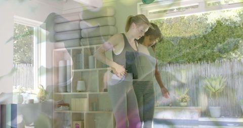 Teen Girls Practicing Yoga with Green Leaf Overlay Theme