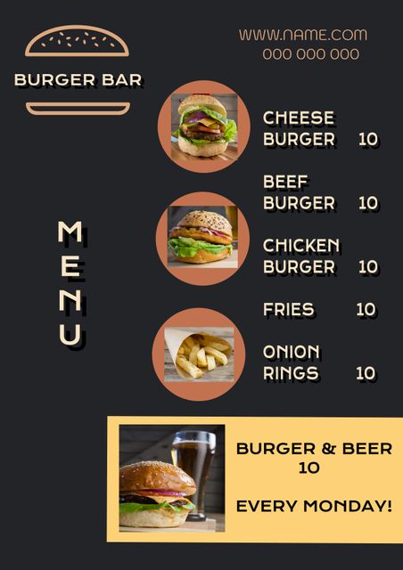 Modern burger bar menu featuring cheeseburger, beef burger, chicken burger, fries, and onion rings with prices. Includes special burger and beer Monday promotion. Could be used for burger joints, restaurants, or food trucks offering various burger options. Dark theme menu with clean, organized layout is visually appealing and easy to read for customers.