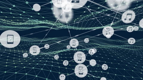 Animated Digital Network Mesh with Floating Icons