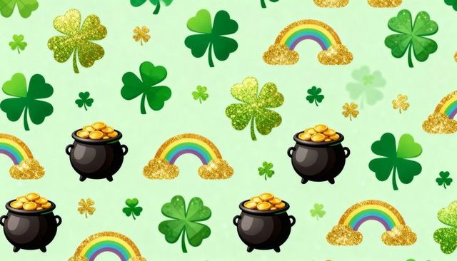 St patrick's day seamless pattern celebrating clovers, pots of gold, rainbows and glitter