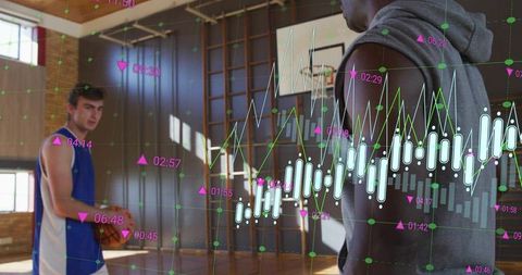 Coach mentoring basketball player with performance analytics overlay on indoor court