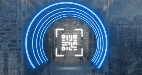 QR Code with Neon Circles in Urban Setting Representing Network Security