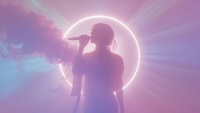 Silhouette of Singer Performing with Neon Light and Fog Effect