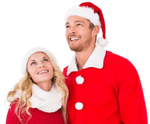 Cheerful Couple Wearing Christmas Outfits on Transparent Background