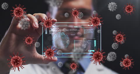 Doctor Analyzing Virus Data with Digital Interface