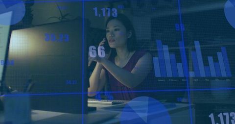 Focused asian woman analyzing financial data with graphs ambient
