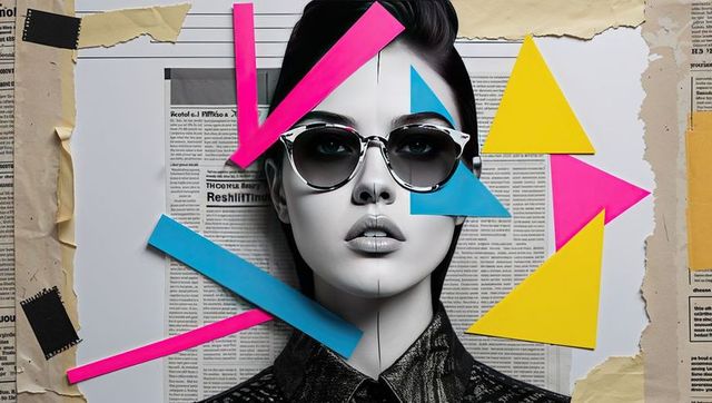 Modern woman with cat-eye sunglasses in artistic pop art collage