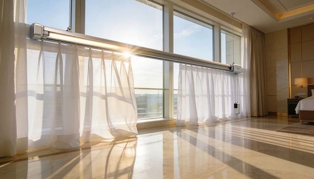 Sunlit luxury hotel suite with motorized sheer curtains and polished marble floor