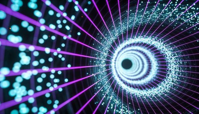 Spiraling neon tunnel forming with cyan rings and magenta wireframe glow particle halo
