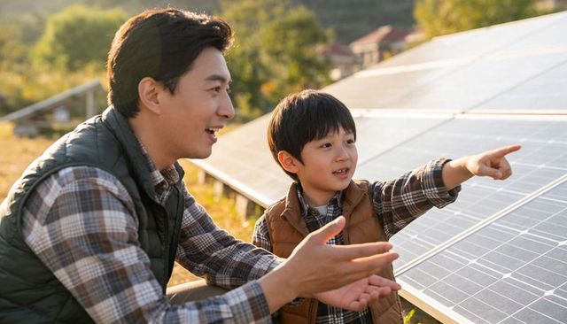 Father teaching son about solar panels on sunlit countryside solar array, renewable energy lesson