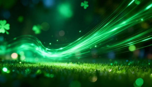 Neon green energy ribbon sweeping over grassy field with clover bokeh and sparkles