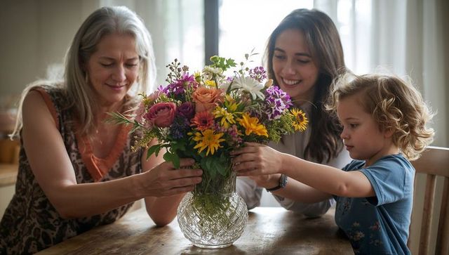 Multigenerational family arranging vibrant bouquet in cut-glass vase on rustic wood table