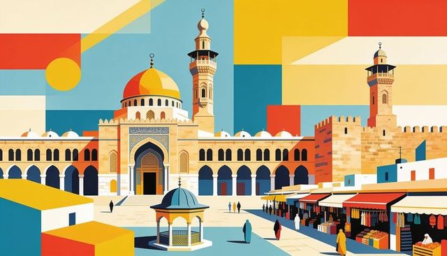 Vibrant mosque courtyard with golden dome, minarets and colorful market stalls