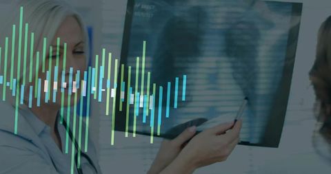 Doctor reviewing chest x-ray with digital data overlay for radiology diagnostics