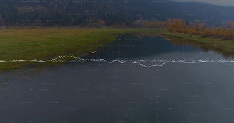 Solitary paddling in red rowboat along grassy lake shore with waveform overlay