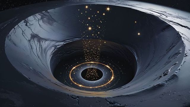 Alien black hole vortex emitting golden light and particles